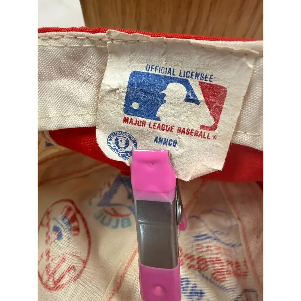 Vintage MLB All Over Print Snapback Hat Red White 80s 90s ANCO Cap Logos Kids